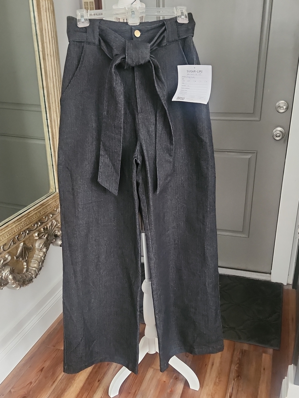 High-Waist Wide Leg Tie Belt Denim Pants — Dark Charcoal/Black